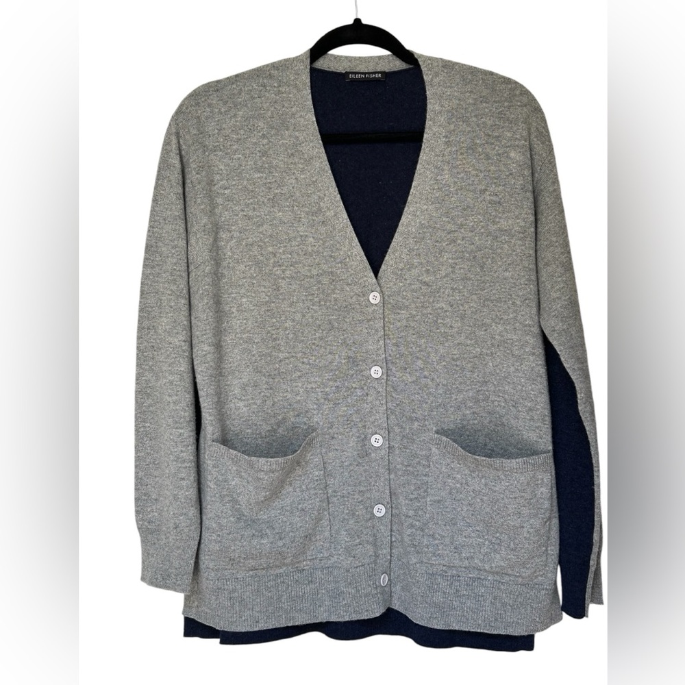 Eileen Fisher Sz Lg-XL Color block Cardigan Navy/Grey/sophistcated Grandpa chic